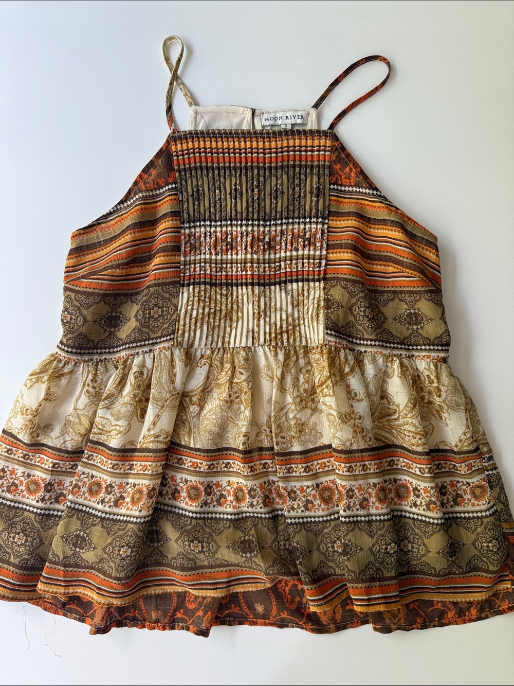 Moon River Cream, Brown and Orange Boho Stripe Sundress